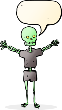 Bir insan tarafından çizilmiş konuşma baloncuklu kıyafet içinde bir iskelet.