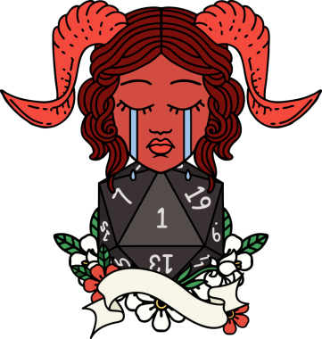 Retro Dövme Biçimi ağlayarak doğal bir D20 rulosuyla bir insan tarafından çizilmiş.