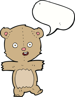 Bir insan tarafından çizilmiş konuşma balonlu dans eden oyuncak ayı.