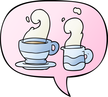 Bir insan tarafından çizilmiş, konuşma baloncuklu bir kahve fincanı.