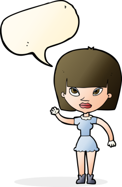 Bir insan tarafından çizilmiş bir konuşma balonuyla el sallayan çizgi film kadını.