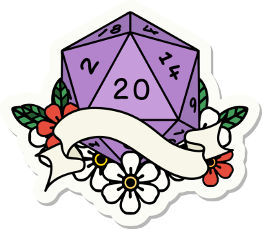 Bir insan tarafından çizilmiş 20 D20 zarının çıkartması.