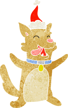 Bir insan tarafından çizilmiş Noel Baba şapkası giyen mutlu bir köpeğin el çizimi karikatürü.