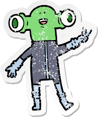 Bir insan tarafından çizilmiş barış işareti veren dost canlısı bir uzaylının sıkıntılı çıkartması.