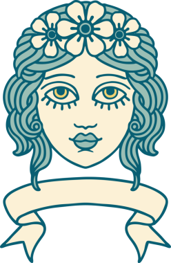 Geleneksel dövmeli kadın yüzü dövmesi ve bir insan tarafından çizilmiş çiçek tacı.