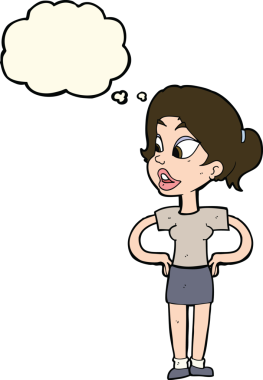 Bir insan tarafından çizilmiş düşünce baloncuğu olan elleri kalçasında çizgi film kadını.