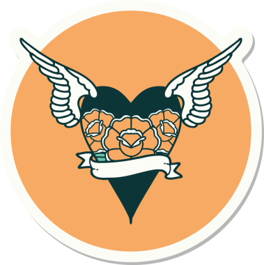 Geleneksel bir dövme stili. Uçan kalp. Çiçekler ve bir insan tarafından çizilmiş bayrak.