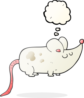 Bir insan tarafından çizilmiş şirin el yazması düşünce kabarcığı çizgi film faresi.