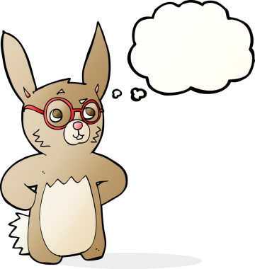 Bir insan tarafından çizilmiş düşünce baloncuklu gözlük takan çizgi film tavşanı.