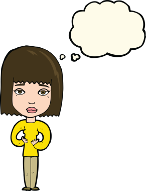 Bir insan tarafından çizilmiş düşünce baloncuğuyla kendini gösteren karikatür kadın.