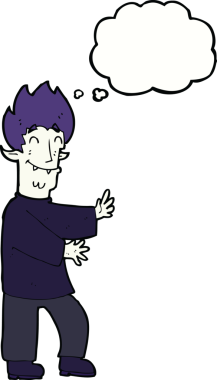 Bir insan tarafından çizilmiş düşünce baloncuğu olan heyecanlı bir vampir.