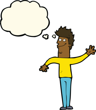 Bir insan tarafından çizilmiş düşünce balonlu mutlu sallanan adam.