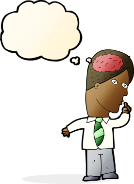 Bir insan tarafından çizilmiş düşünce baloncuğu olan büyük beyinli karikatür işadamı