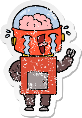 Bir insan tarafından çizilmiş, karikatür ağlayan robot çıkartması.