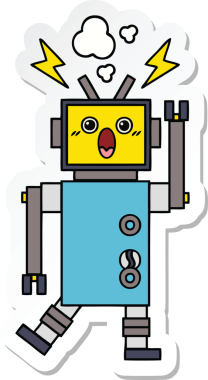 Bir insan tarafından çizilmiş arızalı sevimli bir robot karikatürü çıkartması.