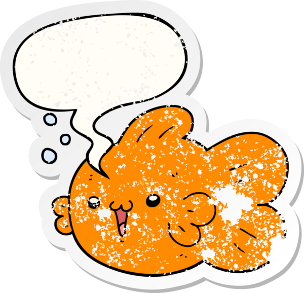 Konuşma baloncuğu olan çizgi film balıkları bir insan tarafından çizilmiş sıkıntılı eski bir çıkartma