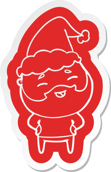Bir insan tarafından çizilmiş Noel Baba şapkası giyen mutlu sakallı bir adamın garip karikatür çıkartması.