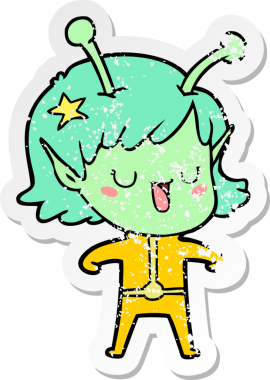 Bir insan tarafından çizilmiş mutlu uzaylı kız çizgi filminin sıkıntılı çıkartması.