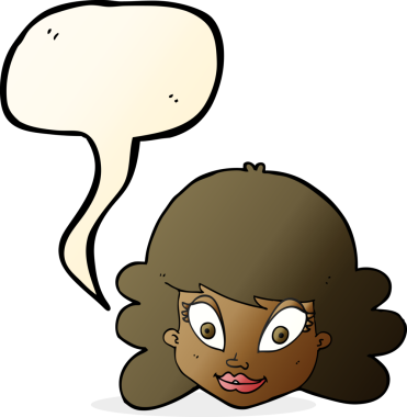 Bir insan tarafından çizilmiş konuşma balonlu mutlu kadın yüzü.