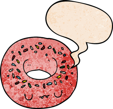 Konuşma baloncuklu çizgi film donutu insan tarafından çizilmiş eski moda dokular.