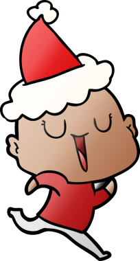 Mutlu el çizimi, bir insan tarafından çizilmiş Noel Baba şapkası giymiş kel bir adamın çizgi filmi.