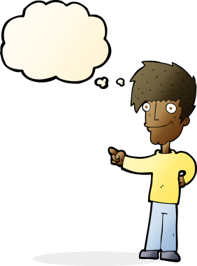 Bir insan tarafından çizilen düşünce baloncuğuyla işaret eden çizgi film adamı.