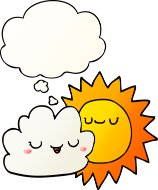 Düşünce baloncuklu karikatür güneş ve bulut bir insan tarafından çizilmiş düzgün eğimli stil