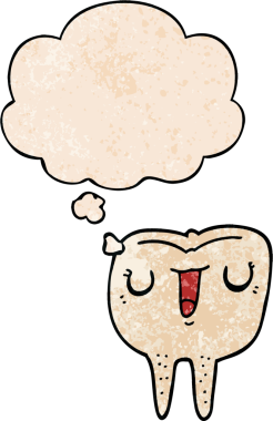 Bir insan tarafından çizilmiş grunge desenli düşünce baloncuklu çizgi film mutlu dişi.