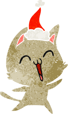 Mutlu el çizimi, Noel Baba şapkası takan bir kedinin insan tarafından çizilmiş retro karikatürü.