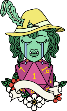 Retro Dövme Tarzı Ağlayan Ork Ozan Karakteri Bir insan tarafından çizilmiş doğal bir D20 rulo