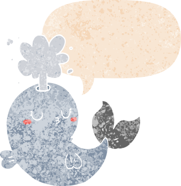 Çizgi film balinası konuşma baloncuğuyla su püskürtüyor grunge 'da sıkıntılı retro tarzı bir insan tarafından çizilmiş