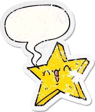 Konuşma baloncuğu olan sevimli bir çizgi film yıldızı bir insan tarafından çizilmiş sıkıntılı eski bir çıkartma