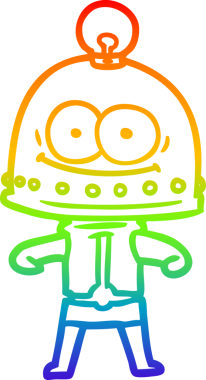 Gökkuşağı gradyan çizgisi mutlu bir karton robot çizimi ve bir insan tarafından çizilmiş ampul.