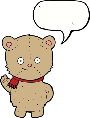 Bir insan tarafından çizilmiş konuşma balonuyla el sallayan çizgi film ayısı.