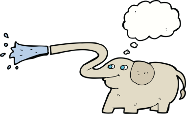 Bir insan tarafından çizilmiş düşünce baloncuğuyla su fışkırtan çizgi film fili.