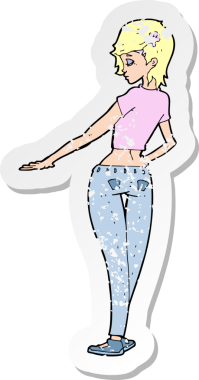 Bir insan tarafından çizilmiş kot pantolonlu ve tişörtlü güzel bir karikatür çıkartması.