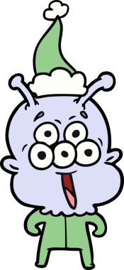 Bir insan tarafından çizilmiş Noel Baba şapkası giyen bir uzaylının çizdiği mutlu el çizgisi.