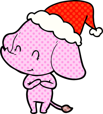 Bir insan tarafından çizilmiş Noel Baba şapkası takan bir fil çizilmiş.