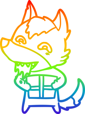 Gökkuşağı gradyan çizgi çizimi bir insan tarafından çizilmiş, aç bir kurdun Noel hediyesini taşıyor.