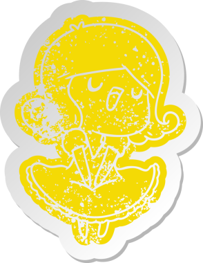 Bir insan tarafından çizilmiş sevimli bir kawai kızının sıkıntılı eski çizgi film çıkartması.