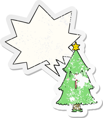 Bir insan tarafından çizilmiş, sıkıntılı, eski bir çıkartma olan, konuşma baloncuklu bir çizgi film Noel ağacı.