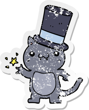 Bir insan tarafından çizilmiş silindir şapkalı çizgi film kedisinin sıkıntılı çıkartması.