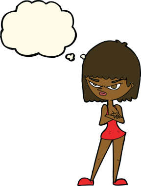 Bir insan tarafından çizilmiş düşünce baloncuğu olan kızgın bir kadın.