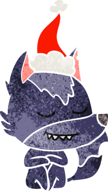 Bir insan tarafından çizilmiş Noel Baba şapkası giymiş bir kurdun eski bir çizgi filmi.