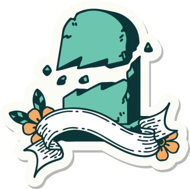 Bir insan tarafından çizilmiş kırık bir mezar taşının pankartıyla dövme stili.