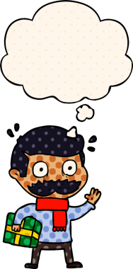 Çizgi roman tarzında bir insan tarafından çizilmiş, bıyıklı ve noel hediyeli bir karikatür adamı.