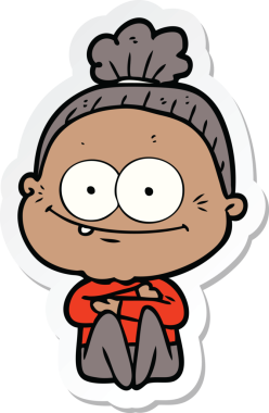 Bir insan tarafından çizilmiş mutlu yaşlı bir kadının çıkartması.