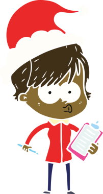 Bir insan tarafından çizilmiş Noel Baba şapkası takan bir kadının düz renkli çizimi.