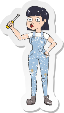 Bir insan tarafından çizilmiş kadın bir karikatür tamircisinin gerilimli yapıştırması.