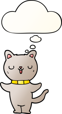 Bir insan tarafından çizilmiş yumuşak eğimli düşünce baloncuklu çizgi film kedisi.